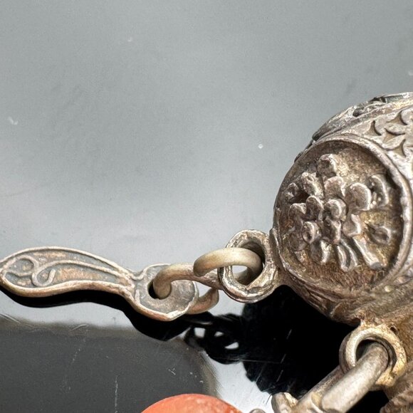 Qing Antique Chinese Silver Gourd Snuff Bottle Charm Coral Adornment Chain 20 g - Picture 13 of 16